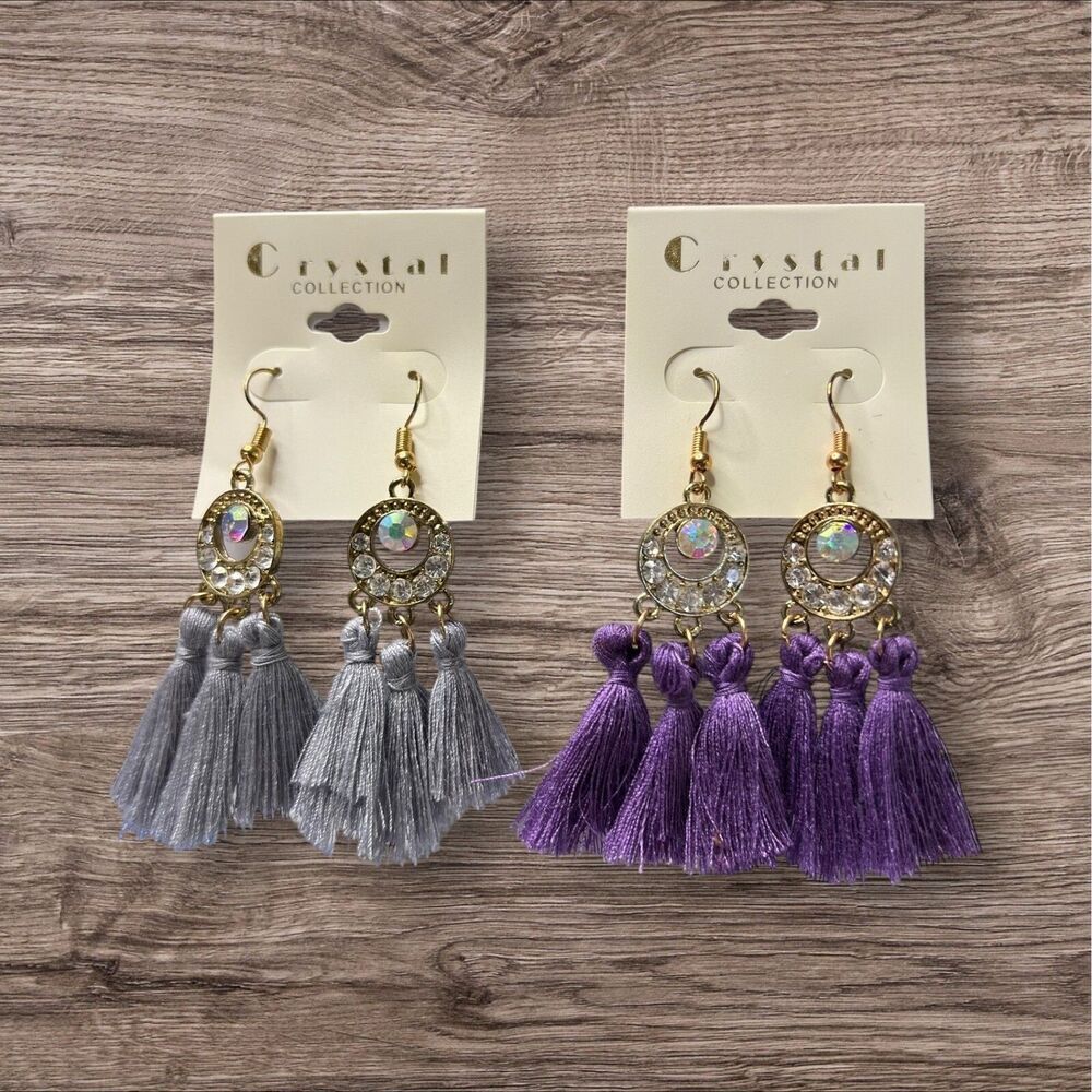 Set of 2 Crystal Collection Tassel Earrings Dangle Drop Rhinestone Bohemian